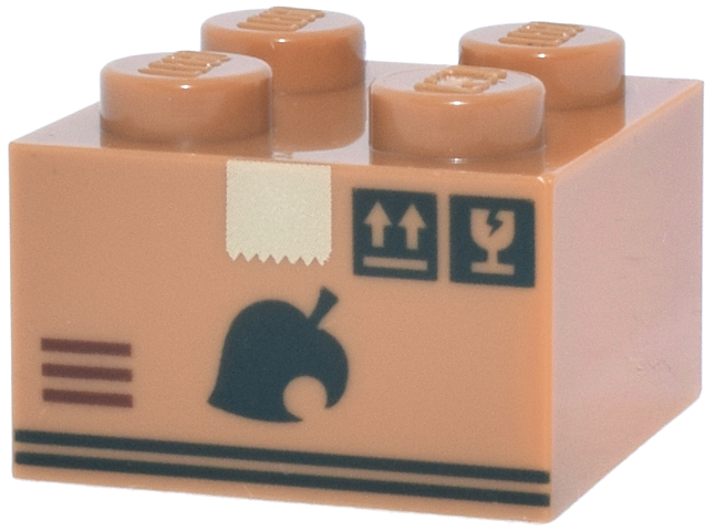 Brick 2 x 2 with Cardboard Packing Box, Dark Green Leaf and Labels, Tan Tape and Reddish Brown Lines Pattern