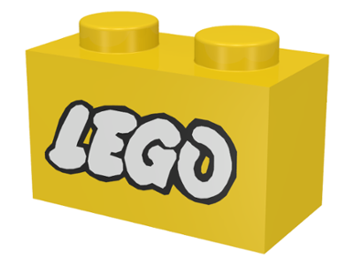 Brick 1 x 2 with LEGO Logo Open O Style White with Black Outline Pattern