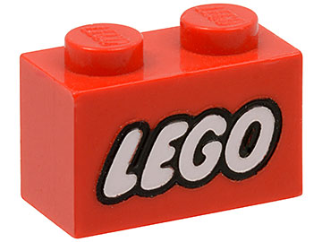 Brick 1 x 2 with LEGO Logo Closed O Style White with Black Outline Pattern