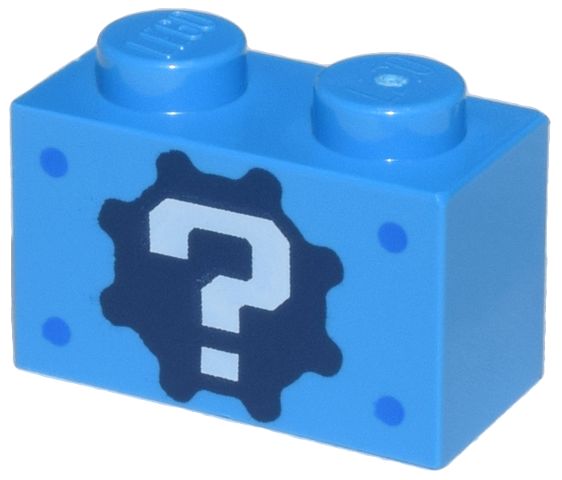 Brick 1 x 2 with White Question Mark on Dark Blue Gear and Blue Dots Pattern