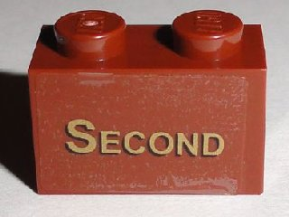 Brick 1 x 2 with Gold 'SECOND' Pattern (Sticker) - Set 10194