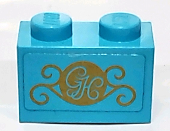 Brick 1 x 2 with Gold 'GH' and Swirls Pattern (Sticker) - Set 41101