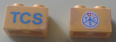 Brick 1 x 2 with Blue 'TCS' and TCS Logo on Reverse Pattern (Stickers) - Set 1589-2