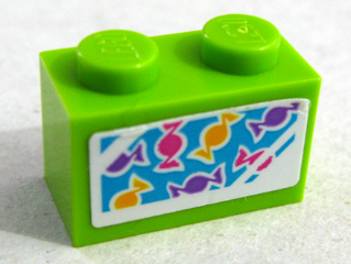 Brick 1 x 2 with Dark Purple, Dark Pink and Yellow Candies Pattern (Sticker) - Set 41109