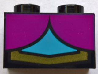 Brick 1 x 2 with 2 Magenta Quarter Ovals, Medium Azure Center and Gold Line Pattern (BrickHeadz Anna Chest)