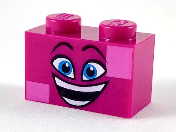 Brick 1 x 2 with Black Raised Eyebrows, Dark Azure Eyes, Open Mouth Smile with Teeth, and Dark Pink Squares Pattern (Queen Watevra Wa'Nabi Face)