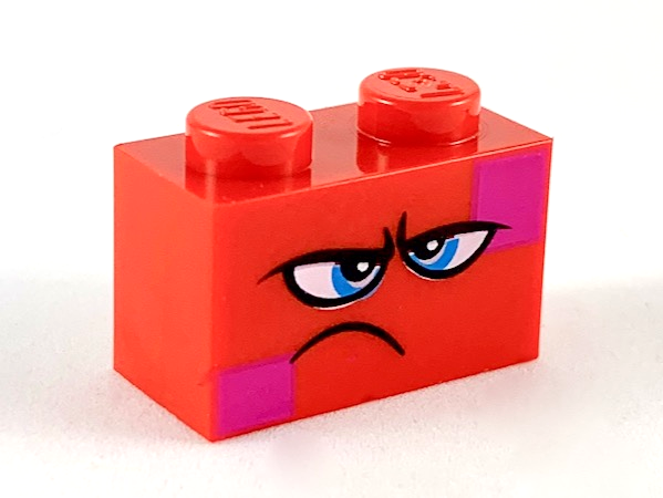 Brick 1 x 2 with Dark Azure Eyes, Furrowed Eyebrows, Frown and Magenta Squares on Two Corners Pattern (Queen Watevra Wa'Nabi Face)