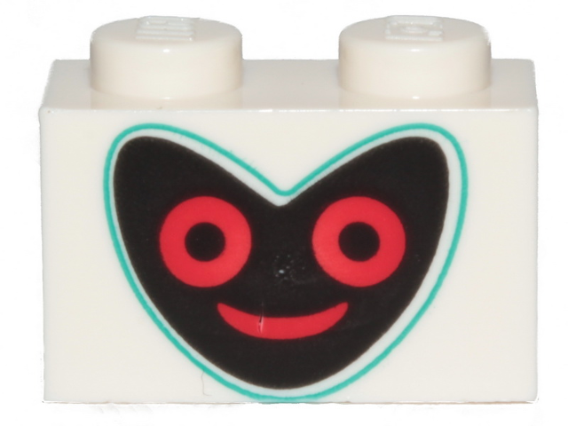 Brick 1 x 2 with Black Heart Shape Face with Dark Turquoise Outline and Red Eyes and Mouth Pattern