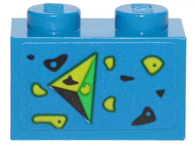 Brick 1 x 2 with Black, Green, and Lime Splotches and Triangle Pointing Left Pattern (Sticker) - Set 70839