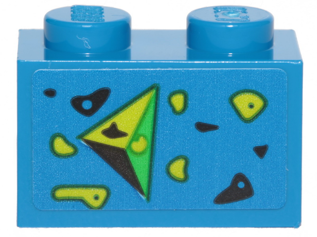 Brick 1 x 2 with Black, Green, and Lime Splotches and Triangle Pointing Left Pattern (Sticker) - Set 70839
