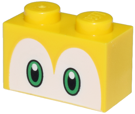 Brick 1 x 2 with Black and Bright Green Eyes on White Background Pattern (Super Mario Koopa Troopa / Paratroopa)