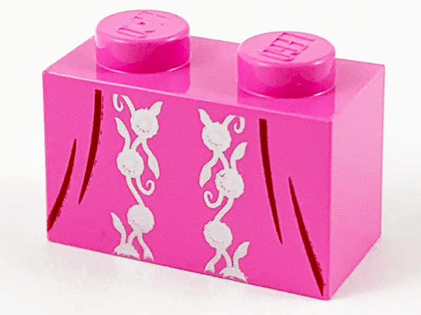 Brick 1 x 2 with Silver Flower Filigree and Dark Brown Dress Gather Lines Pattern