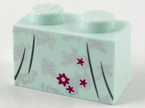 Brick 1 x 2 with Silver Flower Filigree, Magenta Flower, Stars and Dark Bluish Gray Dress Gather Lines Pattern