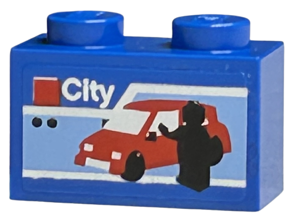 Brick 1 x 2 with LEGO City Set Box Art, Red Car and Black Minifigure Silhouette Pattern (Sticker) - Sets 40145 / 40305 and Gear 40359