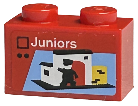 Brick 1 x 2 with LEGO Juniors Set Box Art, White Building with Red Door on Black Baseplate, Minifigure Silhouette Pattern (Sticker) - Sets 40145 / 40305 and Gear 40359