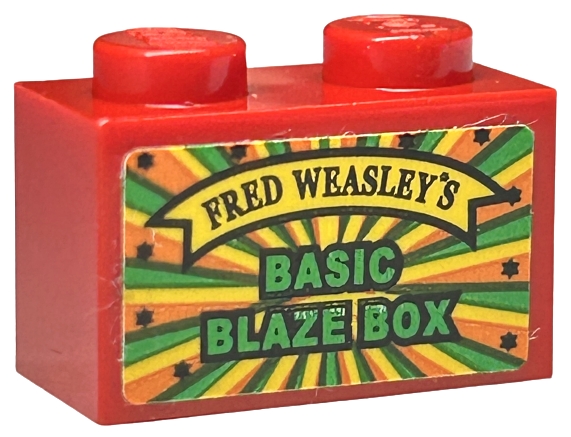 Brick 1 x 2 with Black 'FRED WEASLEY'S' on Yellow Banner, Green 'BASIC BLAZE BOX' Pattern (Sticker) - Set 75978