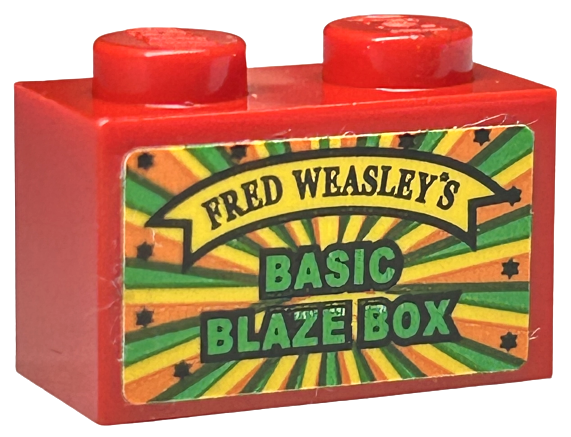 Brick 1 x 2 with Black 'FRED WEASLEY'S' on Yellow Banner, Green 'BASIC BLAZE BOX' Pattern (Sticker) - Set 75978