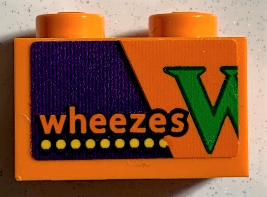 Brick 1 x 2 with 'wheezes' and Yellow Dots on Dark Purple Background, Partial Green Letter W Pattern (Sticker) - Set 75978