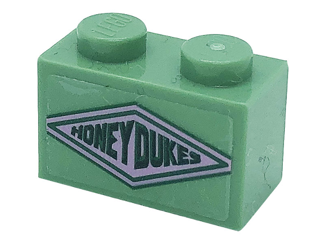 Brick 1 x 2 with Dark Green 'HONEYDUKES' on Bright Pink Diamond Pattern (Sticker) - Set 76388