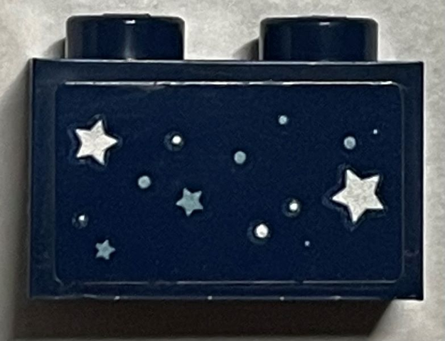 Brick 1 x 2 with Silver and Metallic Light Blue Stars and Dots Pattern (Sticker) - Set 40484