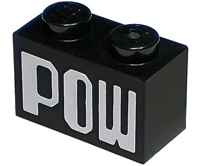 Brick 1 x 2 with White 'POW' Pattern