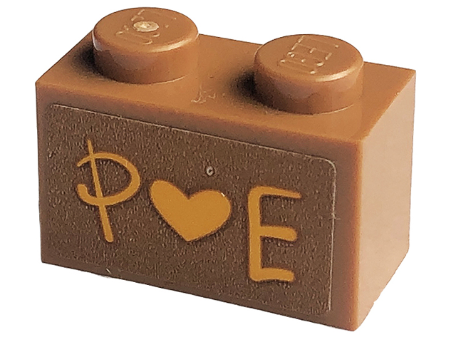 Brick 1 x 2 with Bright Light Orange 'P Heart E' Pattern (Sticker) - Set 41447