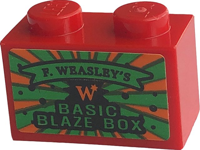 Brick 1 x 2 with Black 'F. WEASLEY'S' on Green Banner, 'BASIC BLAZE BOX' and Orange Capital Letter W Pattern (Sticker) - Set 76422