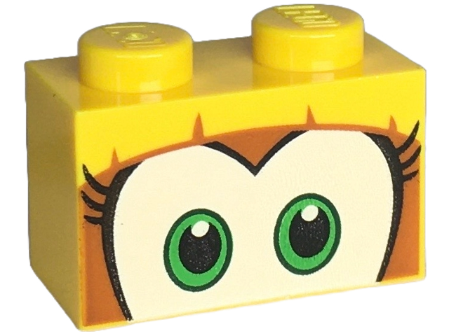 Brick 1 x 2 with Green and White Eyes with Long Black Eyelashes on Dark Orange Background Pattern (Super Mario Dixie Kong Upper Face)