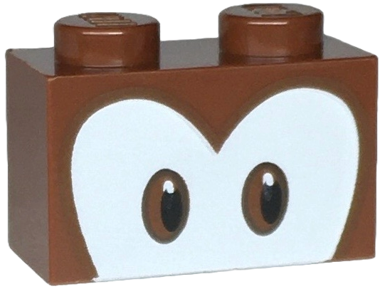 Brick 1 x 2 with Black and Reddish Brown Eyes on White Background Pattern (Super Mario Diddy Kong Upper Face)