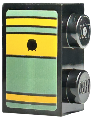 Brick 1 x 2 with Book Spine, Bright Light Orange and Sand Green Stripes, Black Lines and Cauldron Pattern (Sticker) - Set 76411