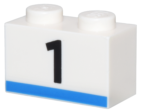 Brick 1 x 2 with Black Number 1 and Blue Stripe Pattern