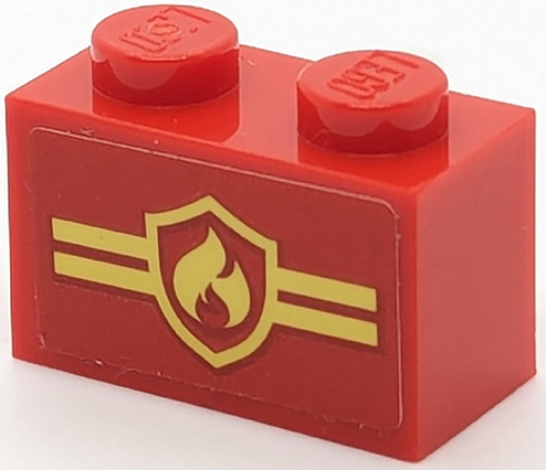 Brick 1 x 2 with Bright Light Yellow Fire Logo Badge and Stripes Pattern (Sticker) - Set 40347