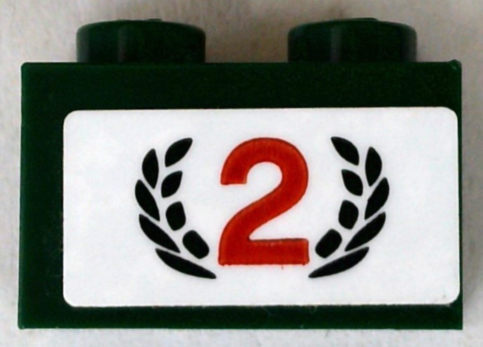 Brick 1 x 2 with Red Number 2 and Dark Green Laurel Wreath Pattern (Sticker) - Set 75881