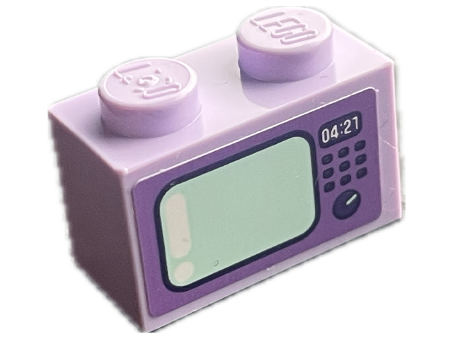Brick 1 x 2 with Medium Lavender Television with Dark Purple Buttons, Light Aqua Screen and White '04:21' Pattern (Sticker) - Set 41716