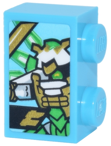 Brick 1 x 2 with White, Bright Green and Gold Lloyd's Titan Mech and Ninjago Logogram Letter L Pattern (Sticker) - Set 71837