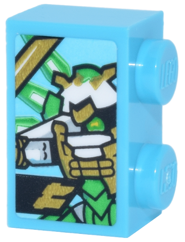 Brick 1 x 2 with White, Bright Green and Gold Lloyd's Titan Mech and Ninjago Logogram Letter L Pattern (Sticker) - Set 71837