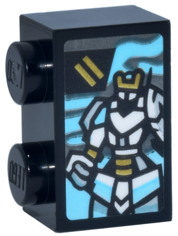 Brick 1 x 2 with White, Medium Azure and Gold Zane's Titan Mech and Ninjago Logogram Letter Z Pattern (Sticker) - Set 71837