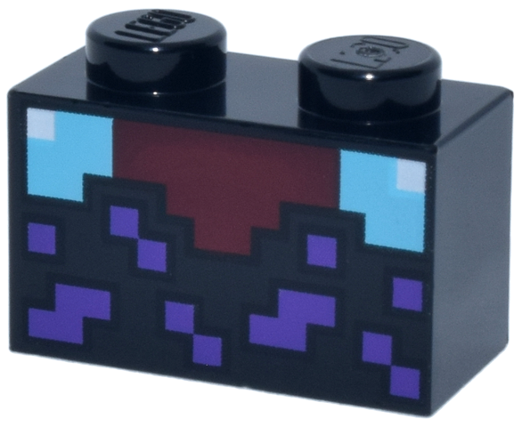 Brick 1 x 2 with Minecraft Pixelated Enchanting Table, Dark Red, Medium Azure and White with Dark Purple Squares Pattern