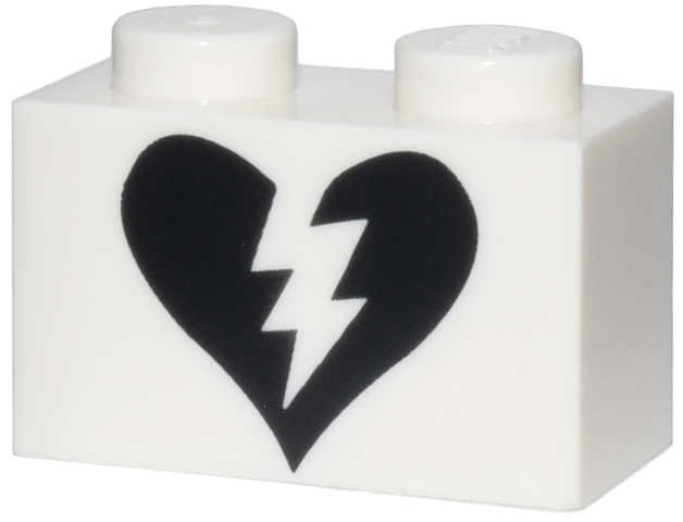 Brick 1 x 2 with Black Split Broken Heart Pattern