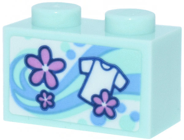 Brick 1 x 2 with Washing Powder Box with Bright Light Blue Dots and Waves, Bright Pink Flowers, White T-Shirt Pattern (Sticker) - Set 42670