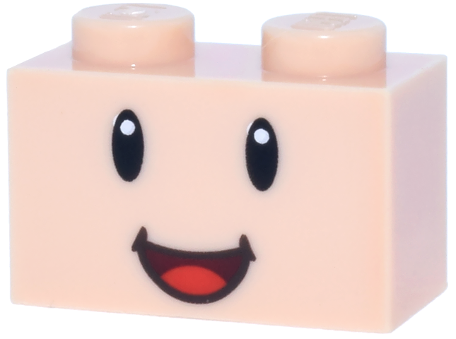 Brick 1 x 2 with Black Eyes, White Glints and Dark Red Open Mouth Smile with Red Tongue Pattern (Super Mario Captain Toad Face)