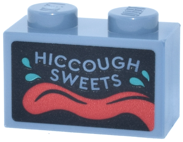 Brick 1 x 2 with 'HICCOUGH SWEETS' Red Tongue and Dark Turquoise Water Drops Pattern (Sticker) - Set 76457