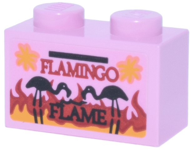 Brick 1 x 2 with Red and Bright Light Orange Flames, Black Flamingos and 'FLAMINGO FLAME' Pattern (Sticker) - Set 76457