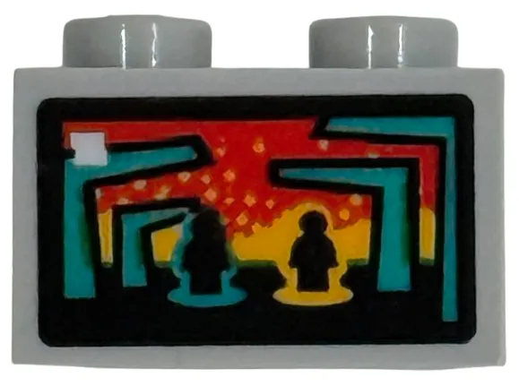 Brick 1 x 2 with TV Screen with Video Game Characters and Dark Turquoise Columns on Red and Bright Light Orange Lava Background Pattern (Sticker) - Set 76451