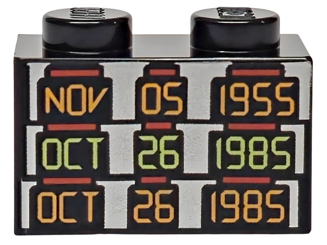 Brick 1 x 2 with Orange and Yellowish Green 'NOV 05 1955', 'OCT 26 1985' and 'OCT 26 1985' on Silver Background Pattern