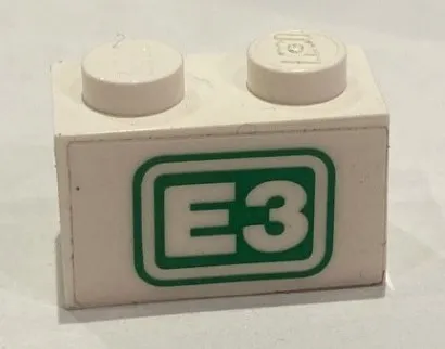 Brick 1 x 2 with 'E3' on Green Background Pattern (Sticker) - Sets 1655 / 1923