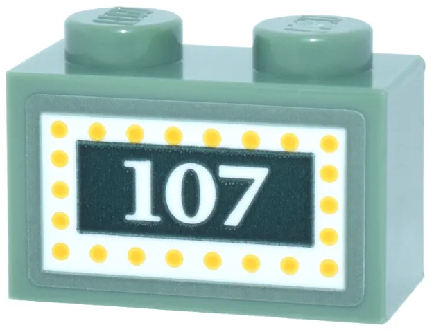 Brick 1 x 2 with Dark Green Marquee Sign, White '107' and Border with Yellow Dots Pattern (Sticker) - Set 43302
