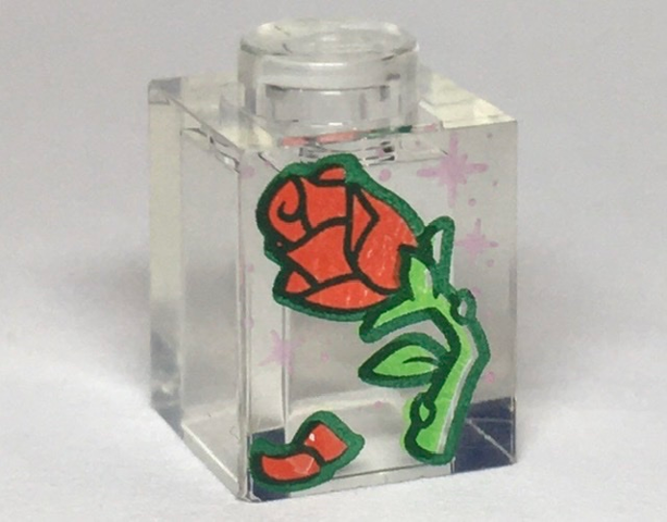 Brick 1 x 1 with Red Rose and Petal, Green Stem and Metallic Pink Stars Pattern