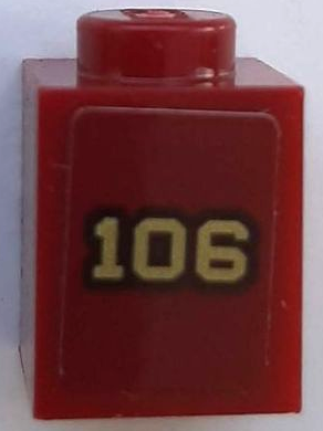 Brick 1 x 1 with Gold '106' with Black Outline on Dark Red Background Pattern (Sticker) - Set 71044