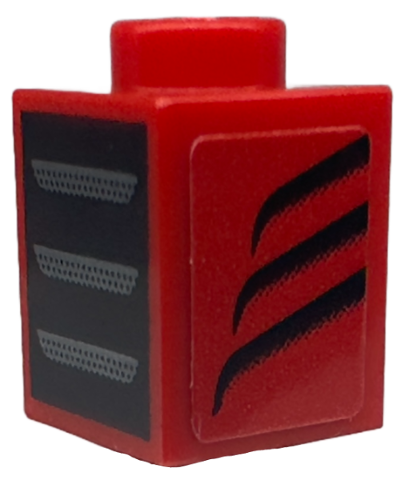 Brick 1 x 1 with Dark Silver Grille / Air Vents on Black Background and Black Tapered Curved Stripes Pattern Model Left Side (Sticker) - Set 76914